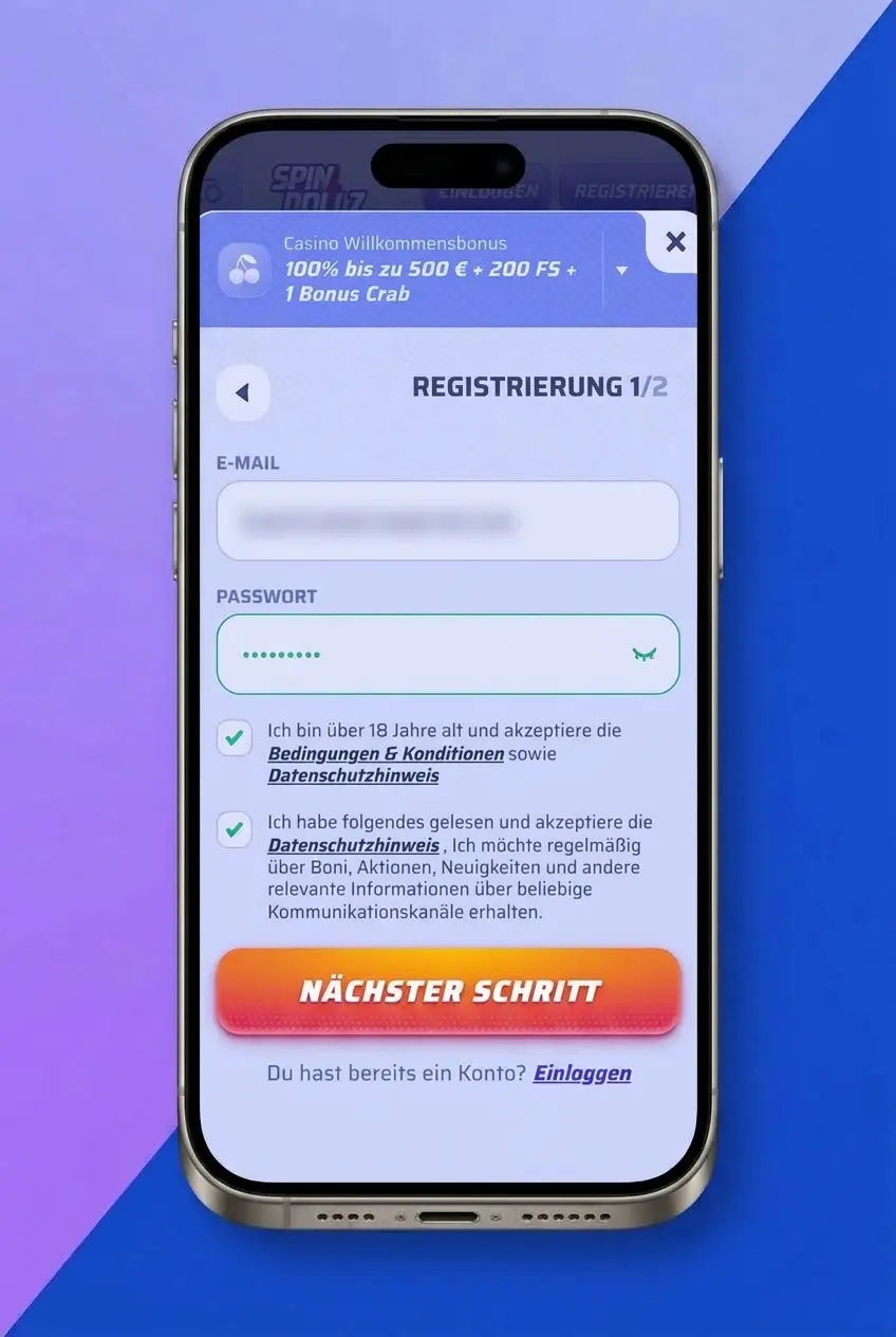 Registrierung in der Spinrollz Application auf dem Smartphone